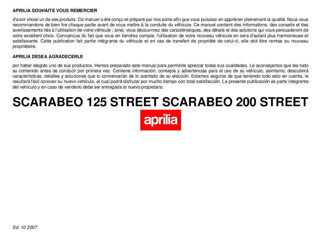 Mode d'emploi APRILIA SCARABEO 200 STREET