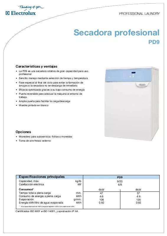 Mode d'emploi ELECTROLUX LAUNDRY SYSTEMS PD9