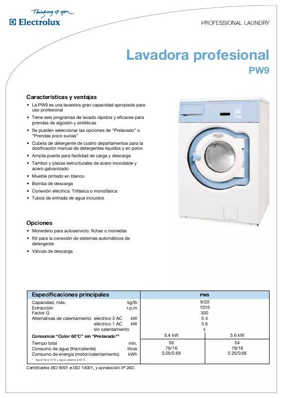 Mode d'emploi ELECTROLUX LAUNDRY SYSTEMS PW9