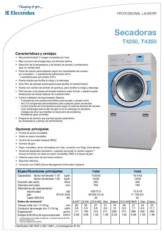 Mode d'emploi ELECTROLUX LAUNDRY SYSTEMS T4250