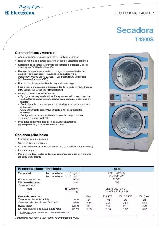 Mode d'emploi ELECTROLUX LAUNDRY SYSTEMS T4300S