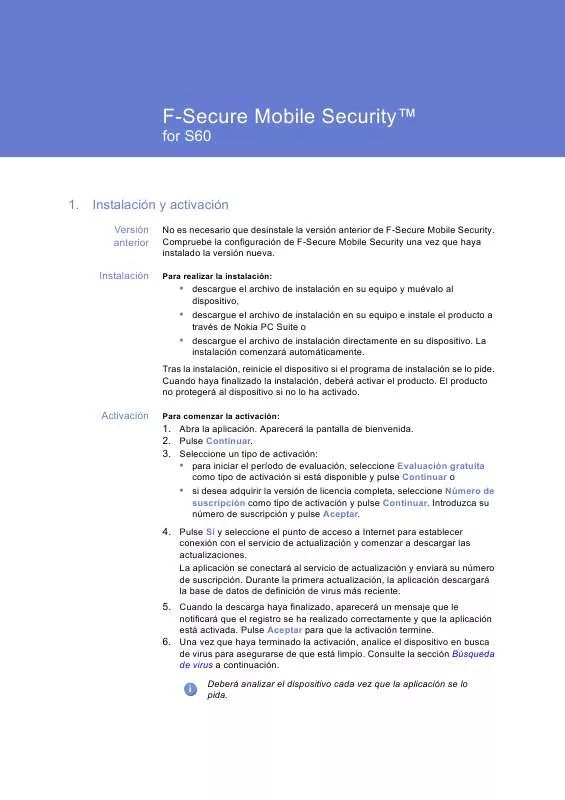 Mode d'emploi F-SECURE MOBILE SECURITY FOR S60