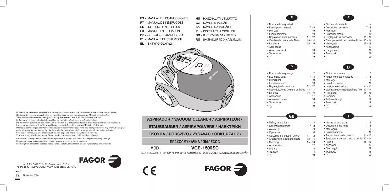 Mode d'emploi FAGOR VCE-1500SC