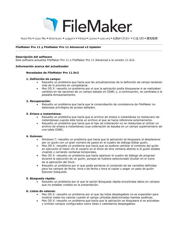 Mode d'emploi FILEMAKER FILEMAKER PRO 11 ADVANCED V2