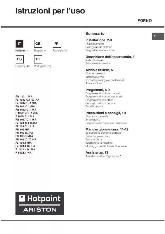 Mode d'emploi HOTPOINT F 1032.1 IX/HA