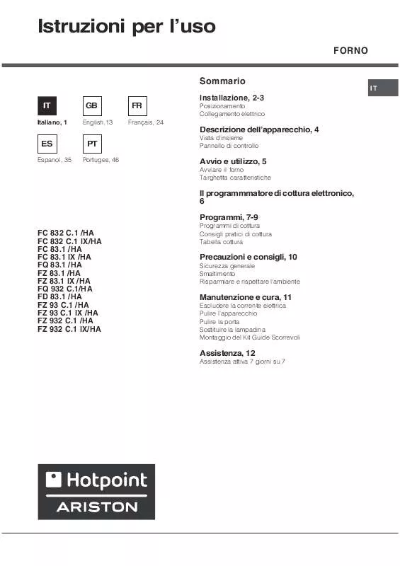 Mode d'emploi HOTPOINT FC 83.1 IX/HA
