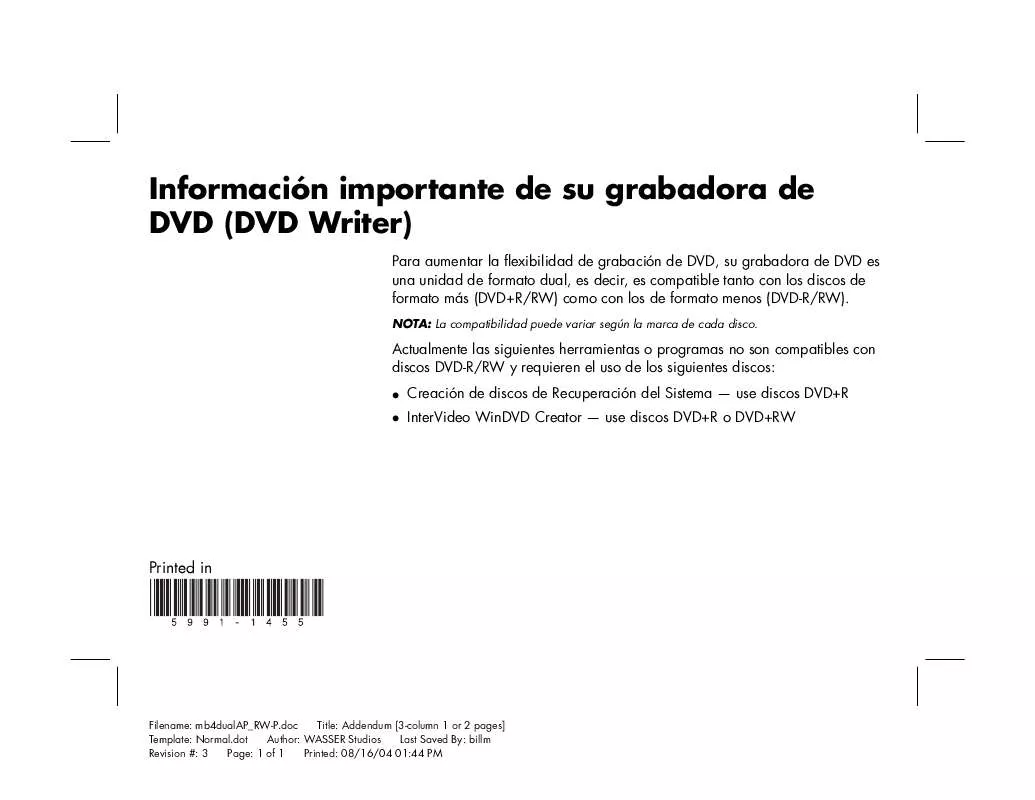 Mode d'emploi HP COMPAQ PRESARIO SR1300