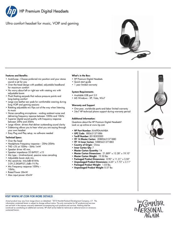 Mode d'emploi HP PREMIUM DIGITAL HEADSET