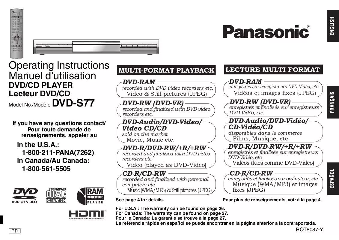 Mode d'emploi PANASONIC DVD-S77