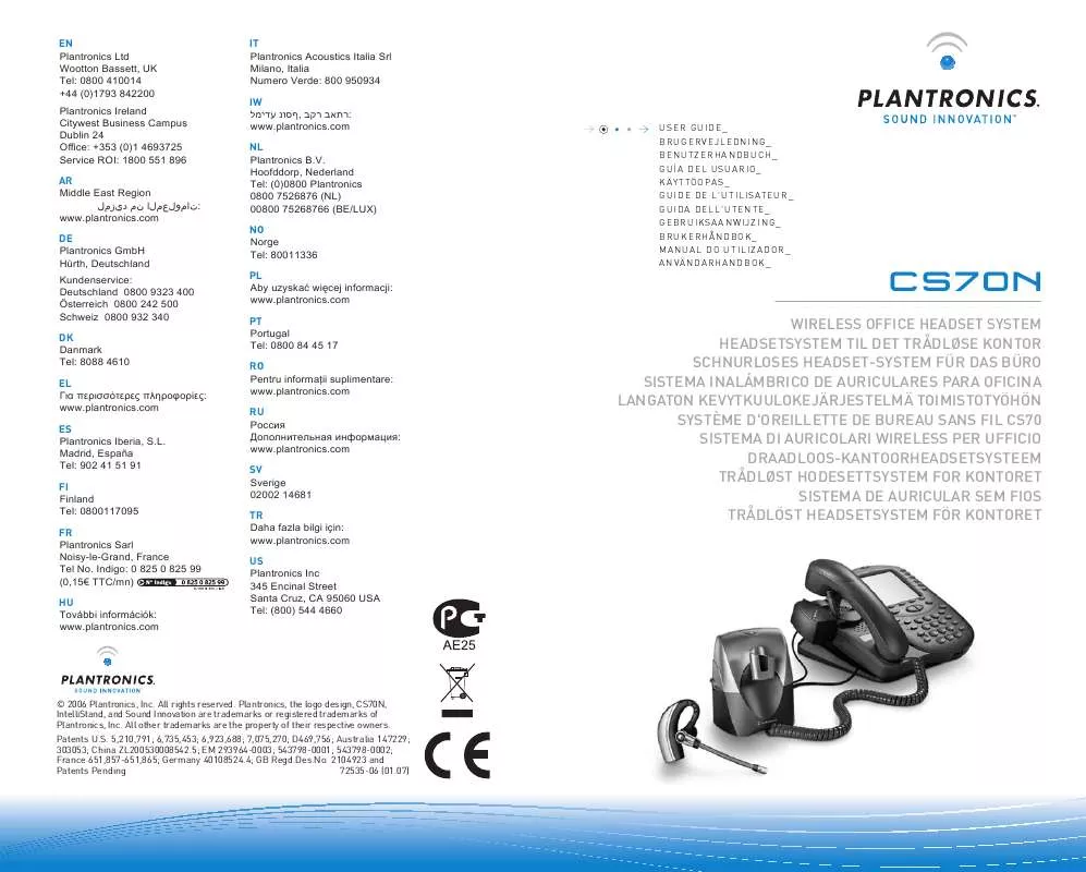 Mode d'emploi PLANTRONICS CS70N WIRELESS HEADSET SYSTEM