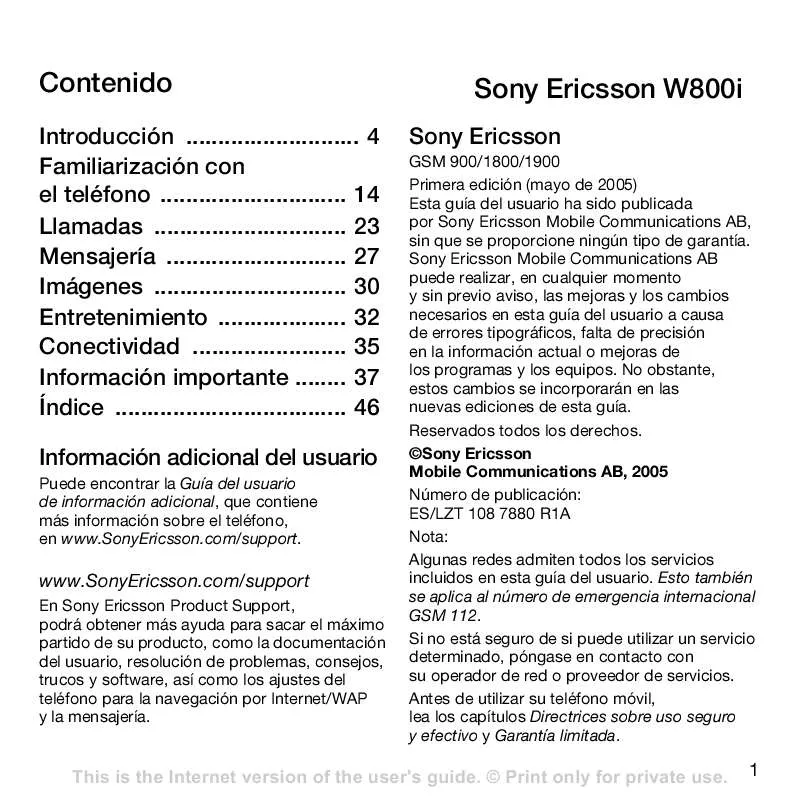 Mode d'emploi SONY ERICSSON W800I