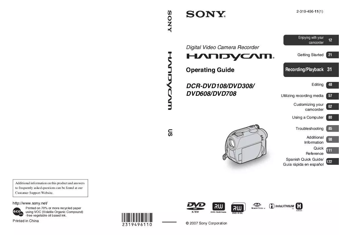 Mode d'emploi SONY HANDYCAM DCR-DVD308