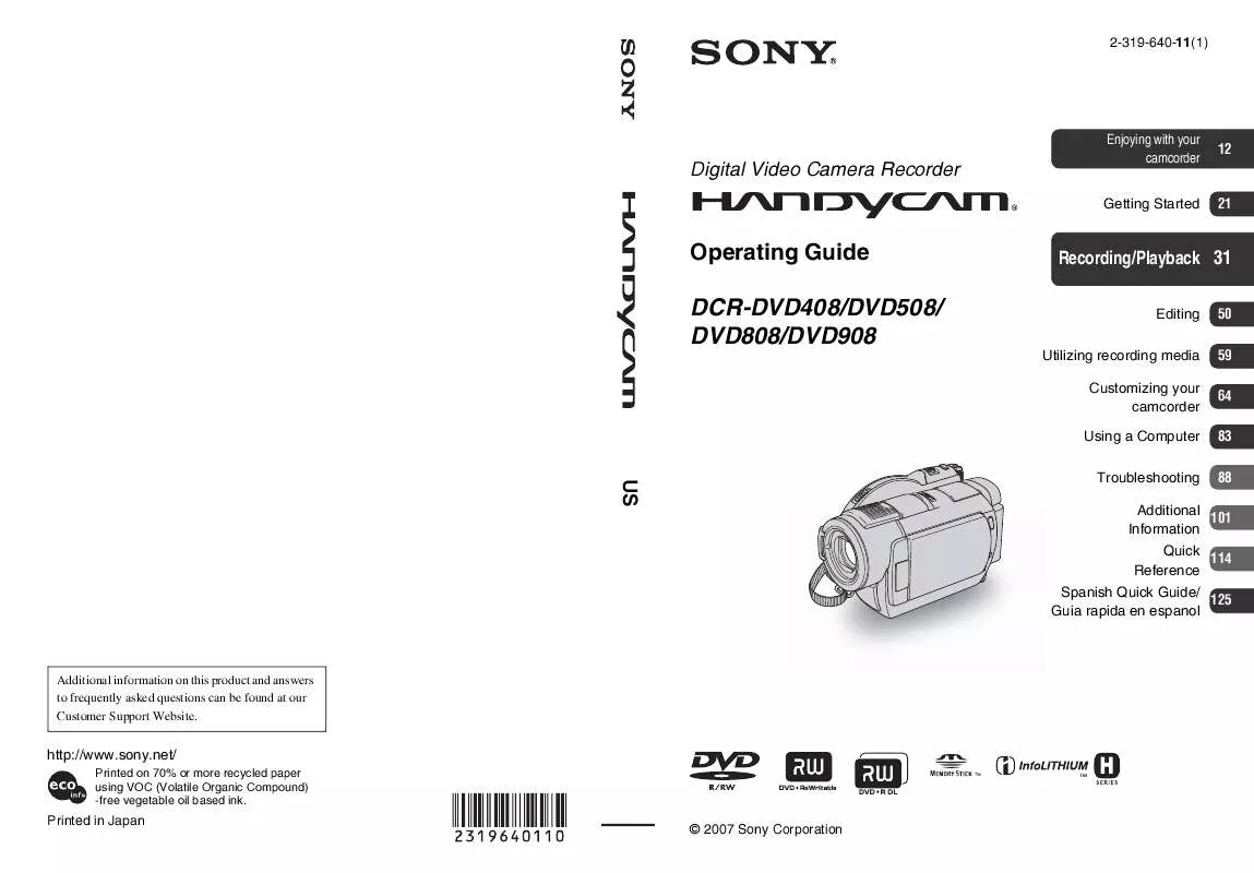 Mode d'emploi SONY HANDYCAM DCR-DVD408