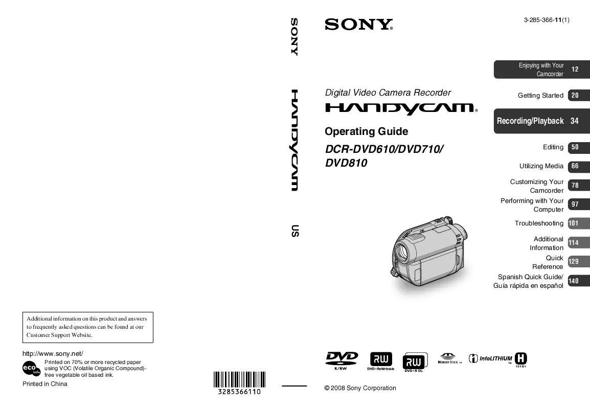 Mode d'emploi SONY HANDYCAM DCR-DVD610