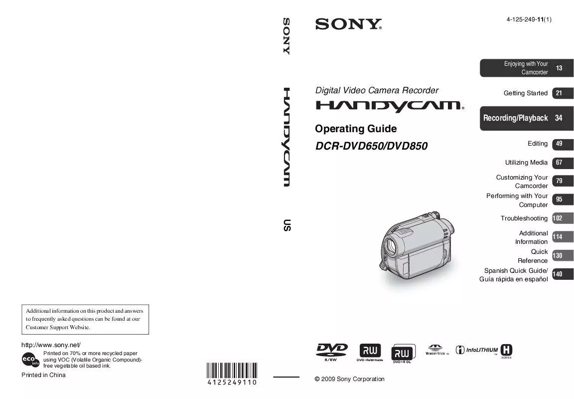 Mode d'emploi SONY HANDYCAM DCR-DVD650