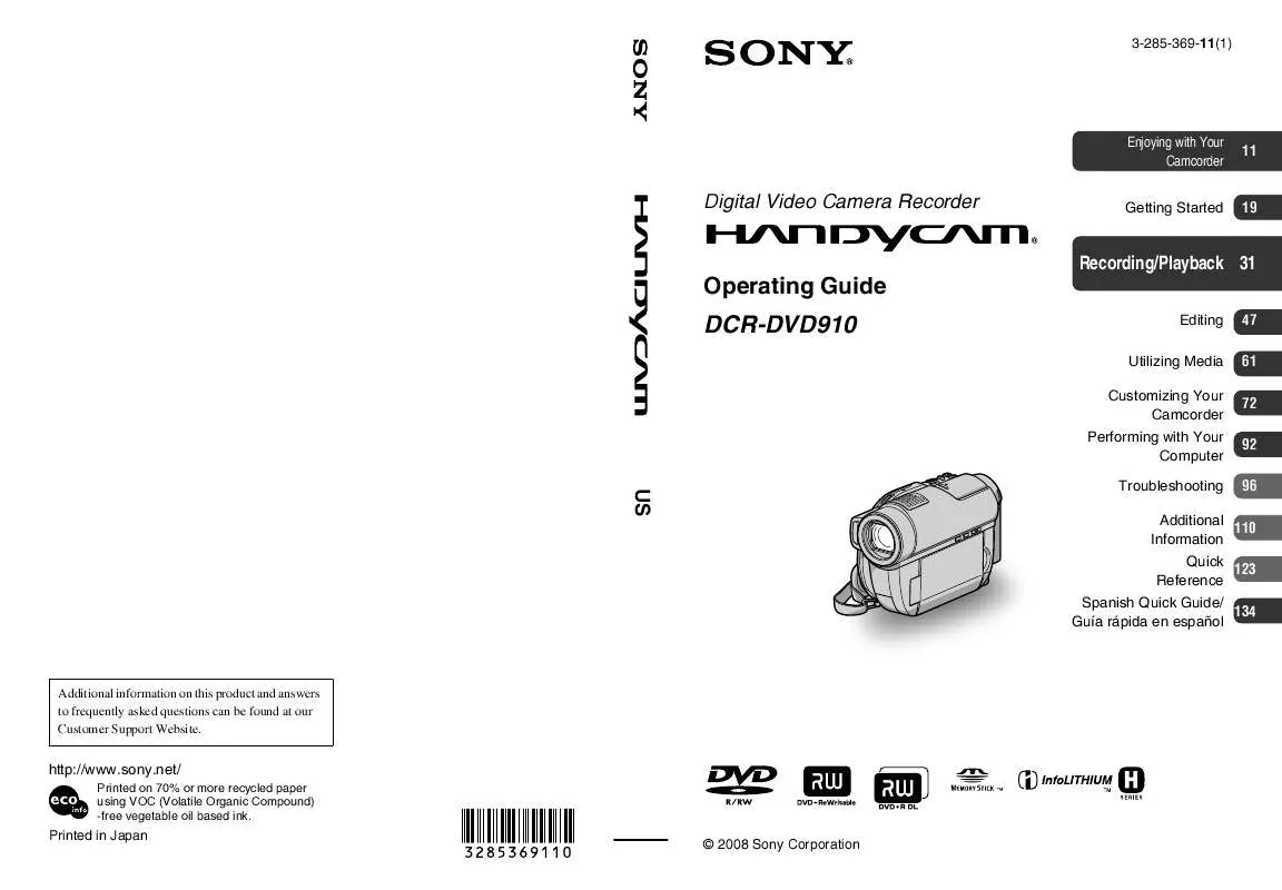 Mode d'emploi SONY HANDYCAM DCR-DVD910