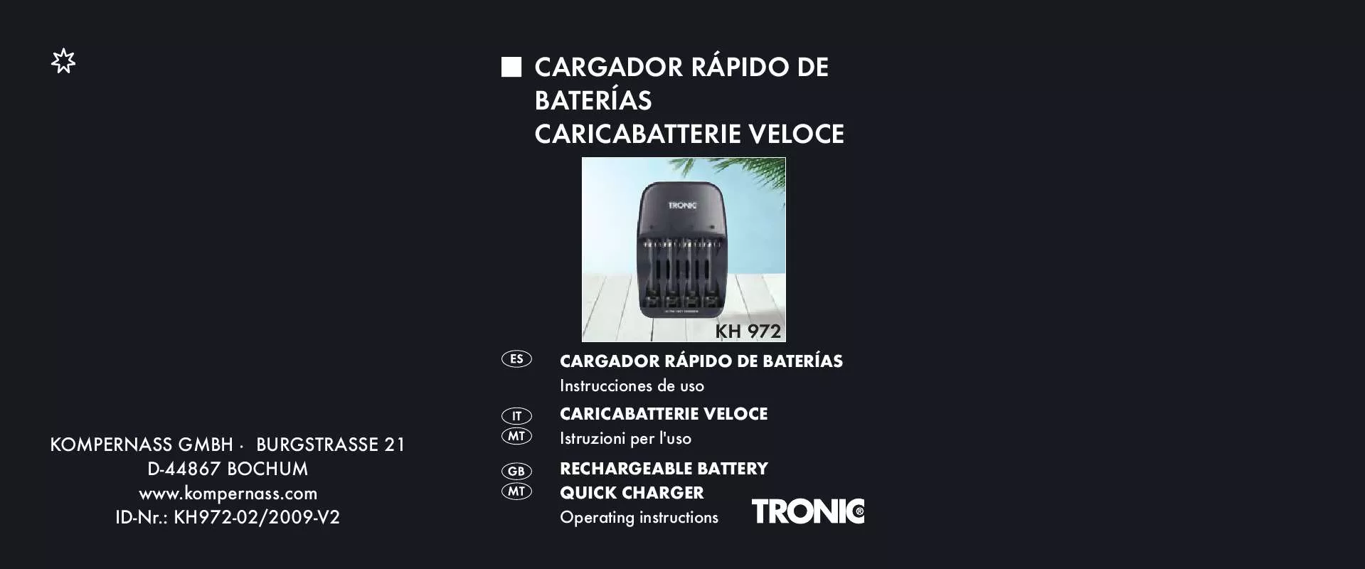 Mode d'emploi TRONIC KH 972 RECHARGEABLE BATTERY QUICK CHARGER