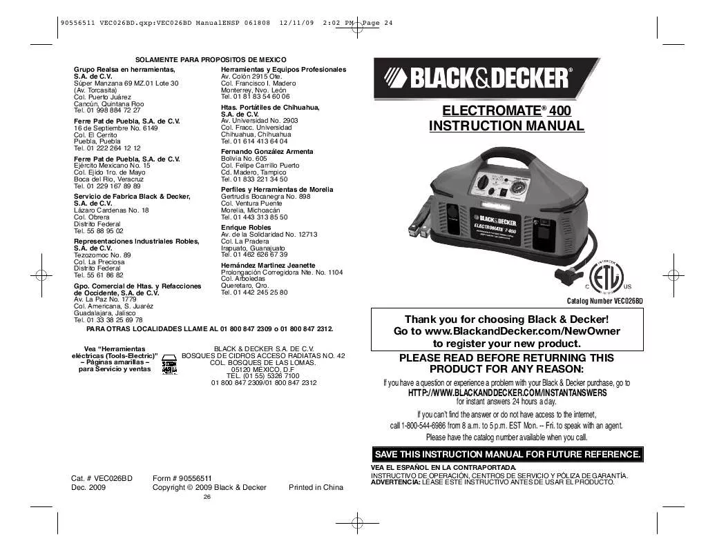 Mode d'emploi BLACK & DECKER ELECTROMATE 400