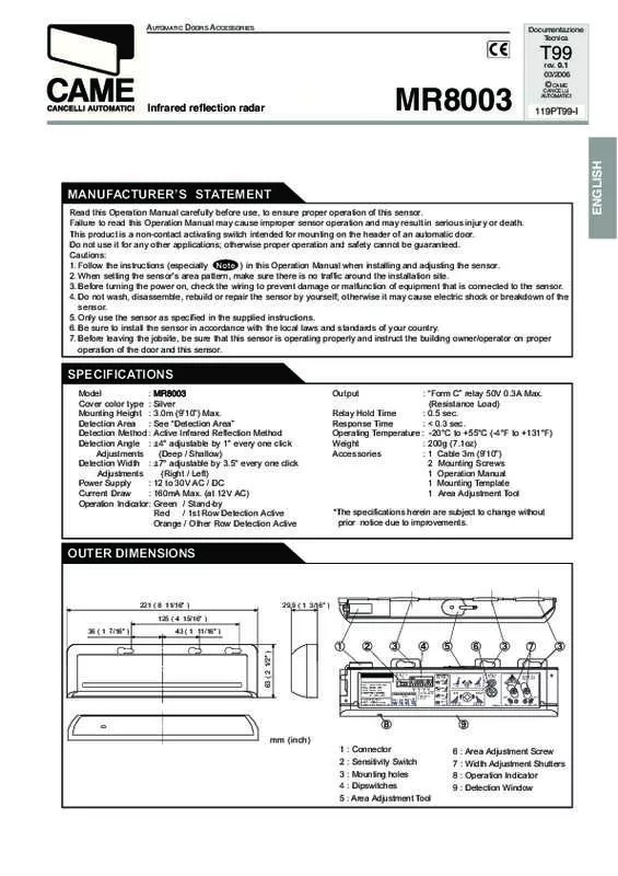 Mode d'emploi CAME MR8003