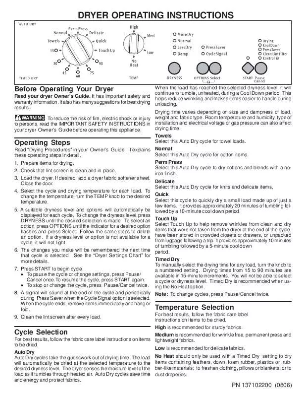 Mode d'emploi FRIGIDAIRE DRYER