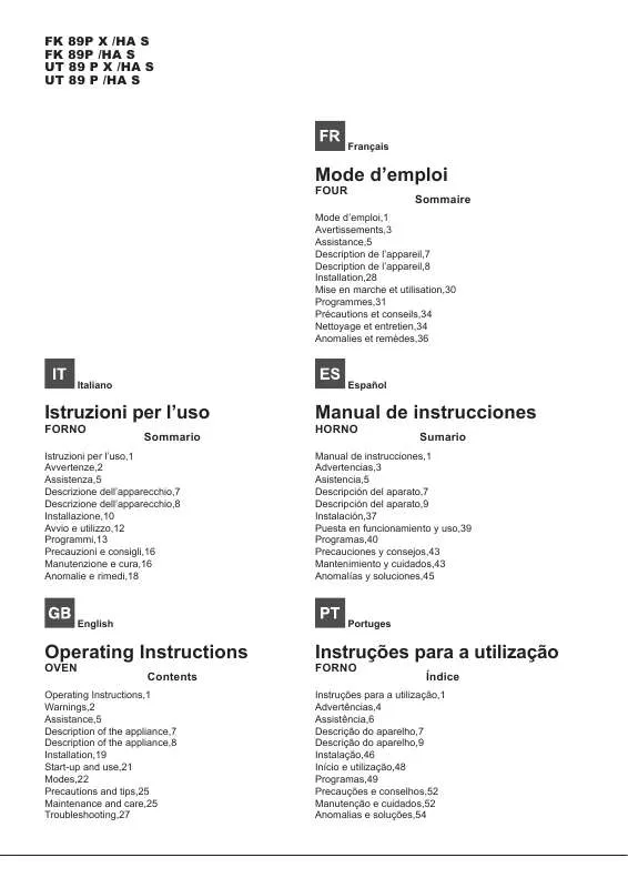 Mode d'emploi HOTPOINT FK 89 P X/HA S