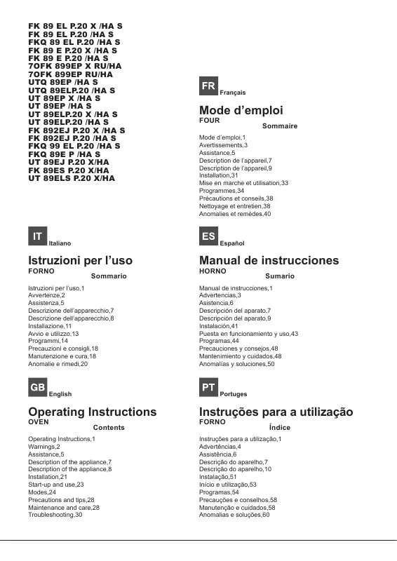 Mode d'emploi HOTPOINT FK 89EL P.20 X/HA S