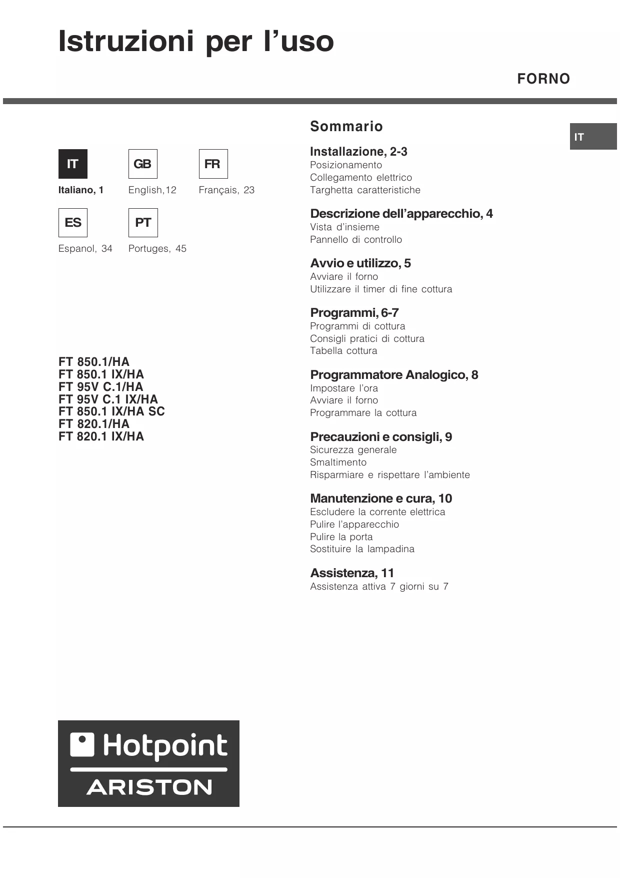 Mode d'emploi HOTPOINT FT 850.1 (BRONZO)/HA