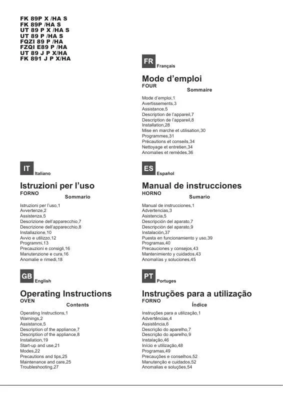 Mode d'emploi HOTPOINT FZQI 89 P