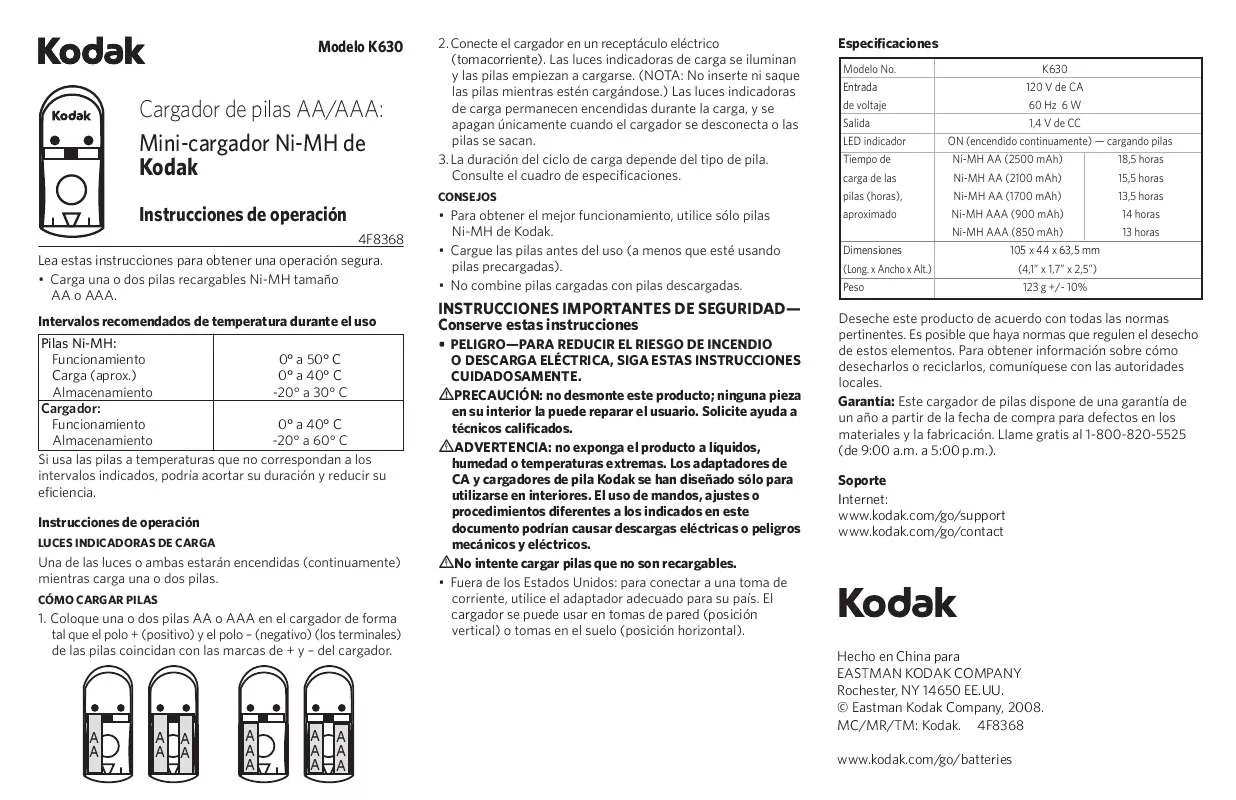 Mode d'emploi KODAK NI-MH COMPACT BATTERY CHARGER K630
