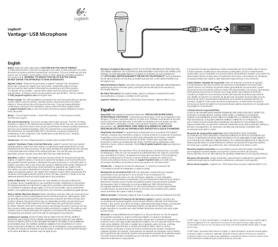 Mode d'emploi LOGITECH VANTAGE USB MICROPHONE XBOX 360