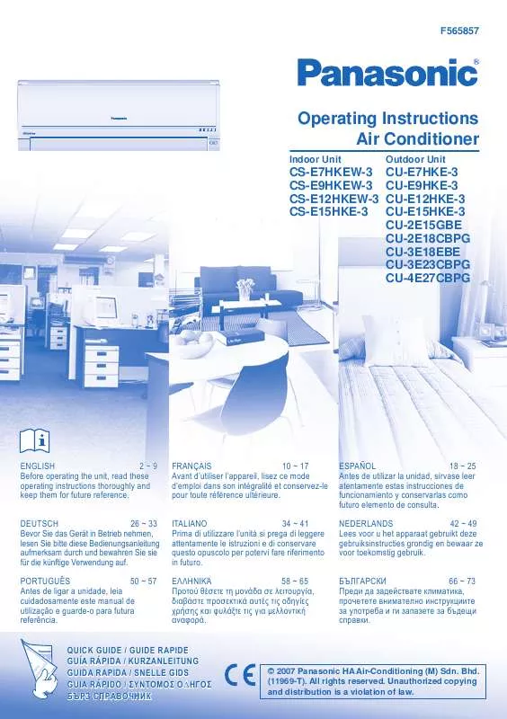 Mode d'emploi PANASONIC CS-E12HKEW3