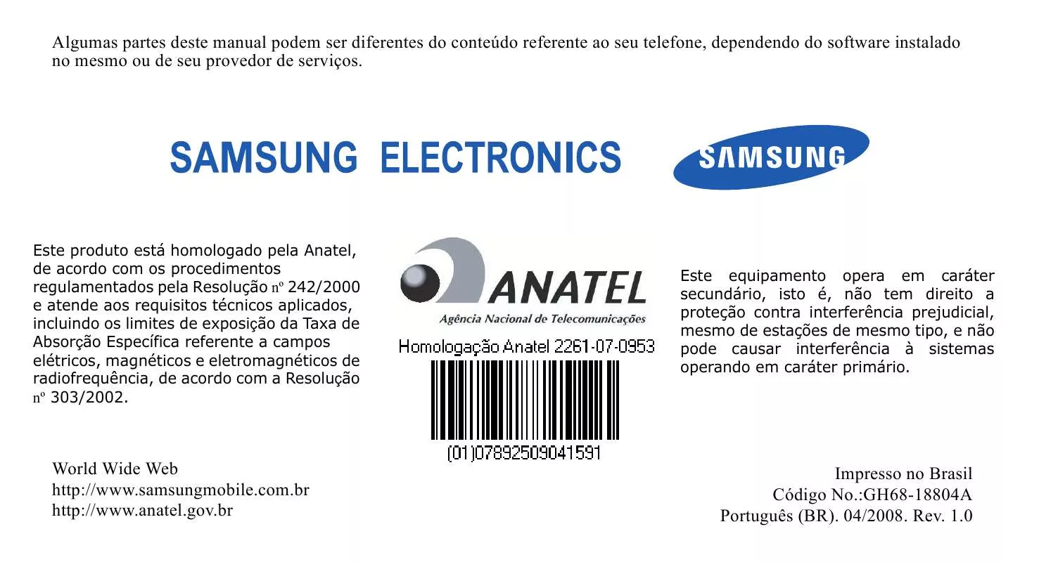 Mode d'emploi SAMSUNG SGH-V820L