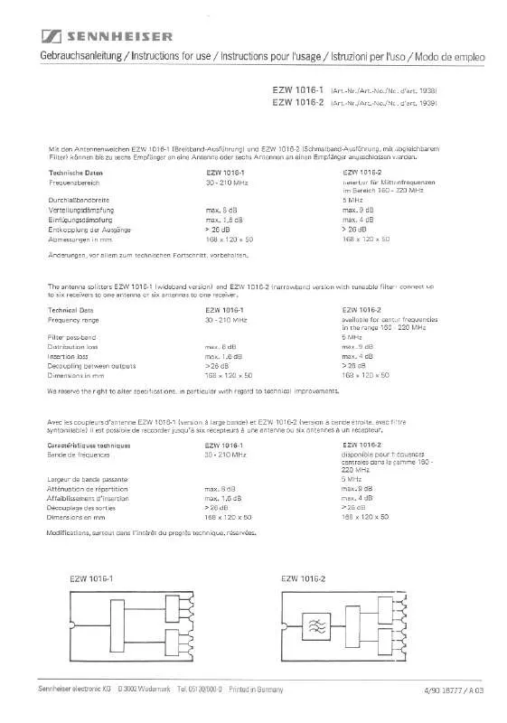 Mode d'emploi SENNHEISER EZW 1016-2