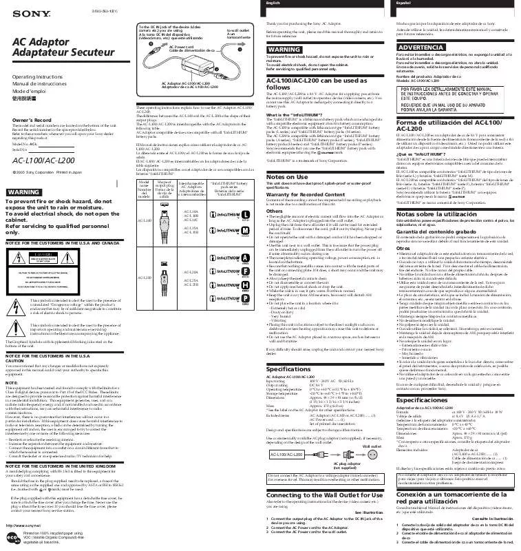 Mode d'emploi SONY AC-L100