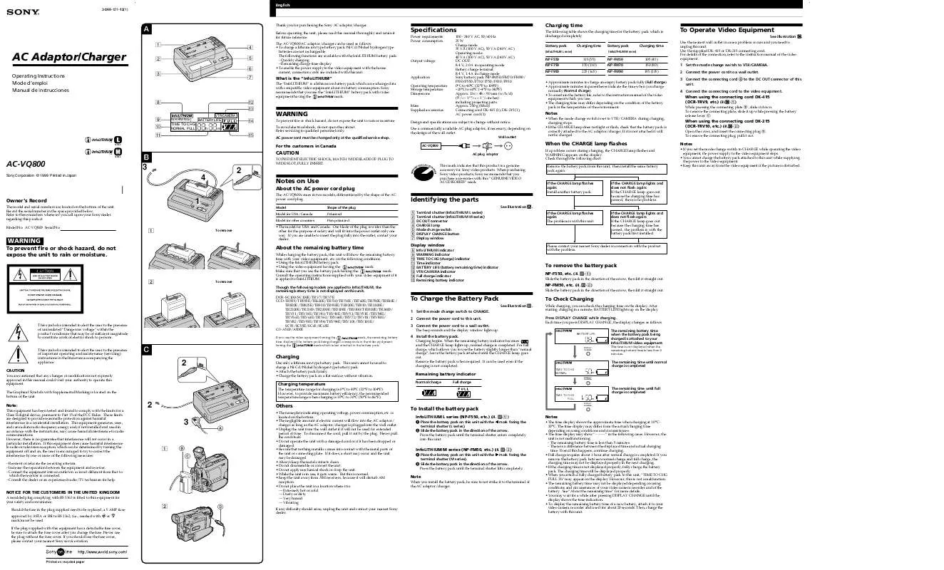 Mode d'emploi SONY AC-VQ800