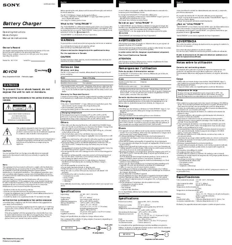 Mode d'emploi SONY BC-VC10