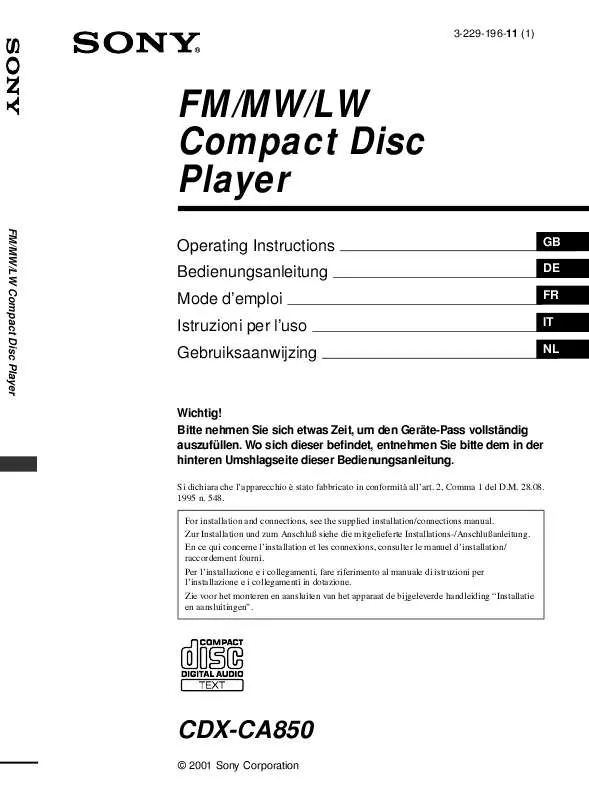 Mode d'emploi SONY CDX-CA850