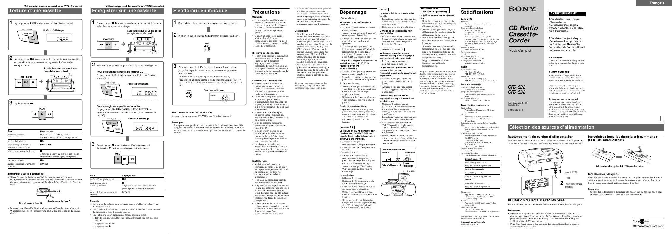 Mode d'emploi SONY CFD-S22