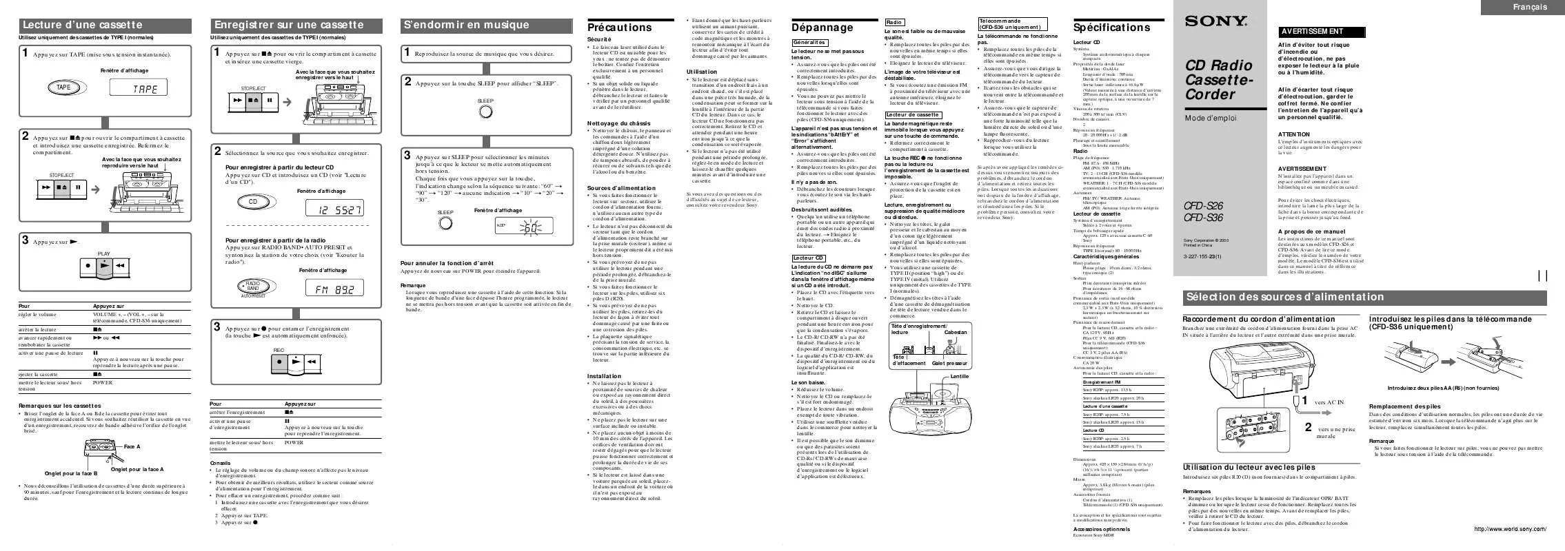 Mode d'emploi SONY CFD-S26