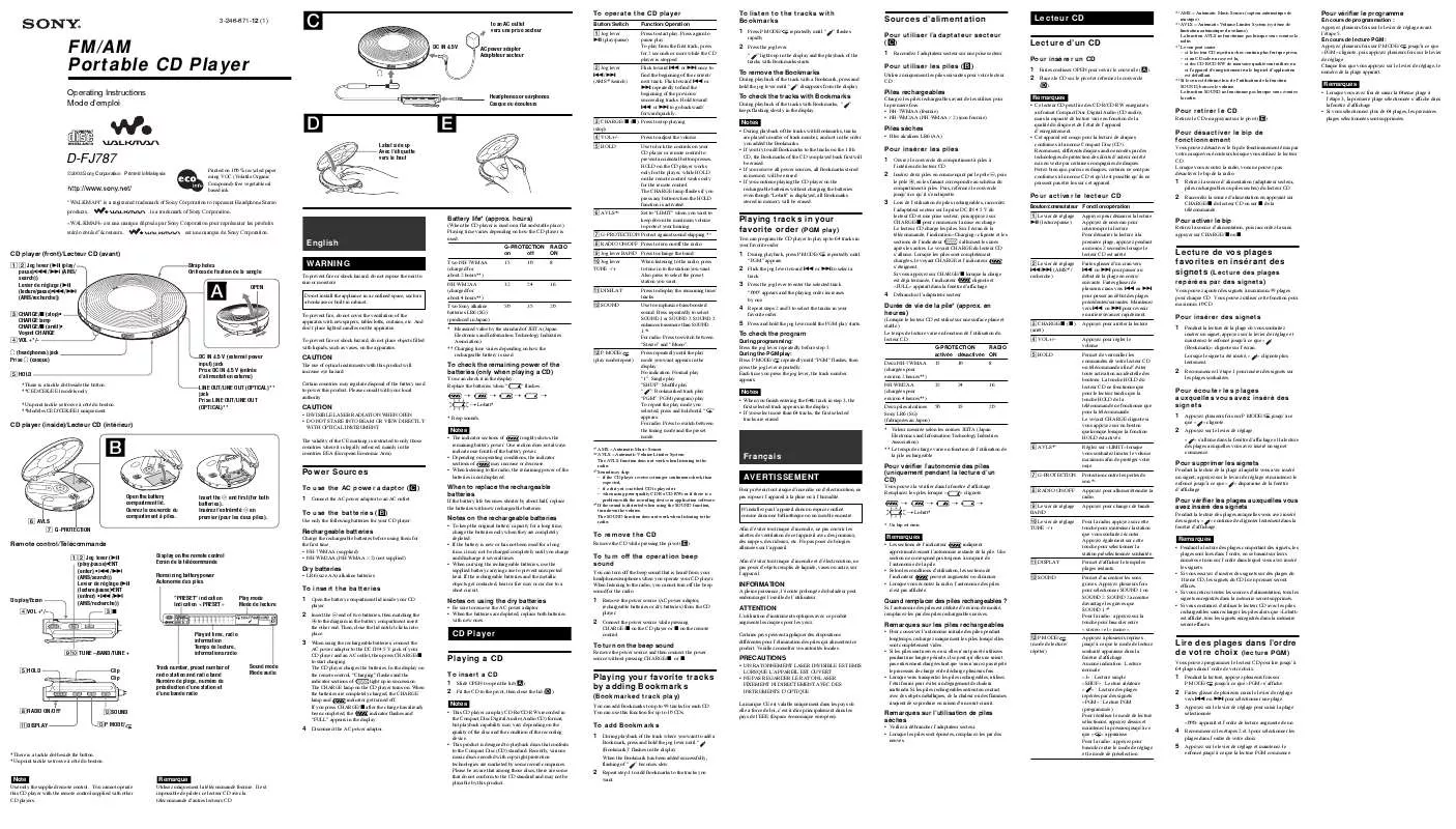 Mode d'emploi SONY D-FJ787