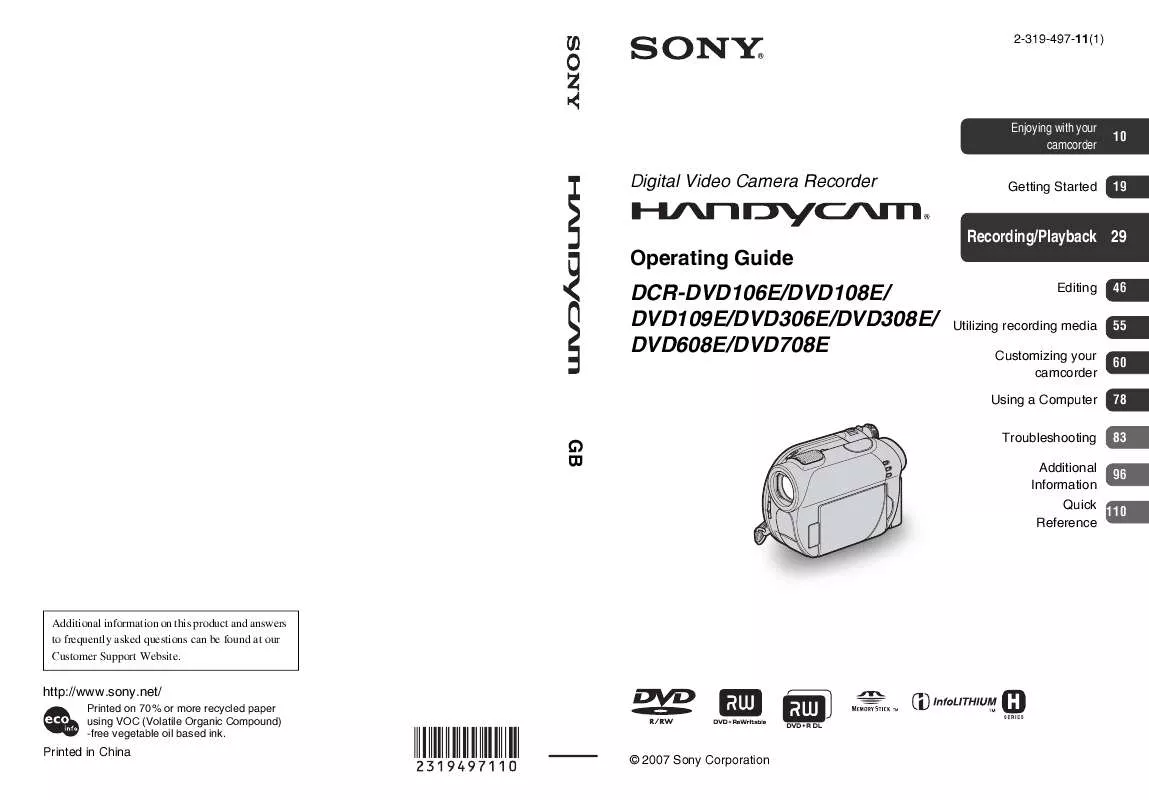 Mode d'emploi SONY DCR-DVD708E