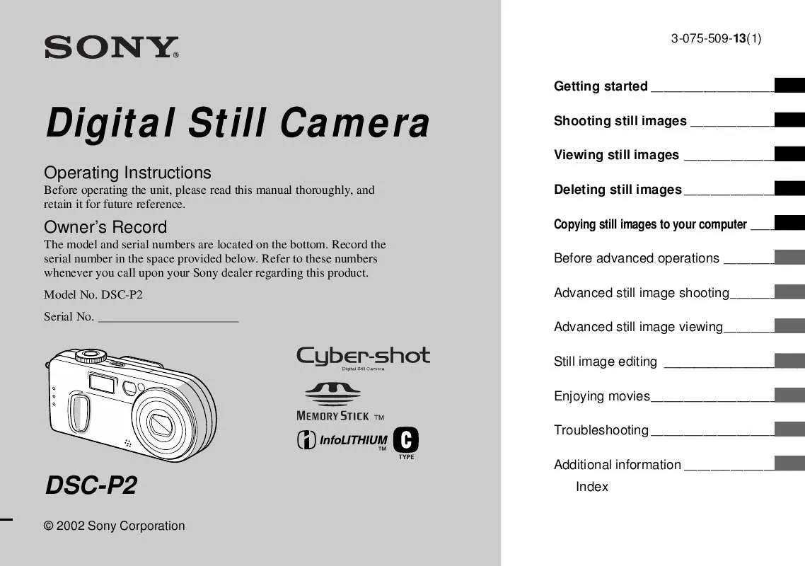 Mode d'emploi SONY CYBER-SHOT DSC-P2