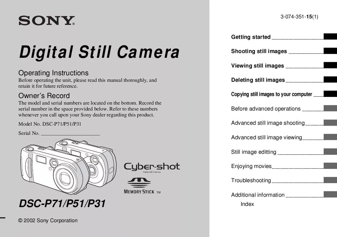 Mode d'emploi SONY CYBER-SHOT DSC-P31