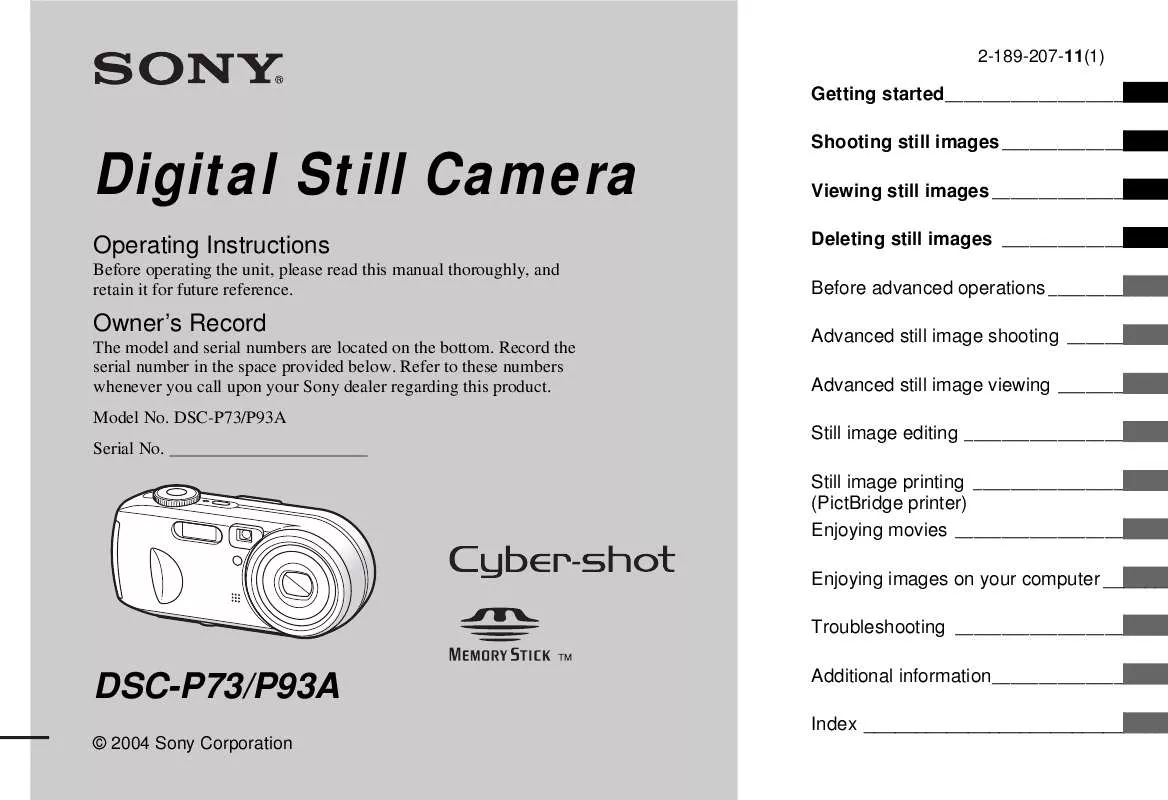 Mode d'emploi SONY CYBER-SHOT DSC-P73