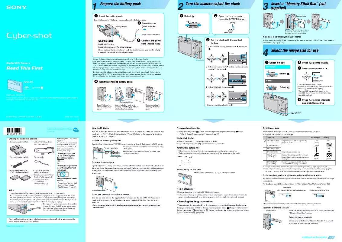 Mode d'emploi SONY CYBER-SHOT DSC-T9