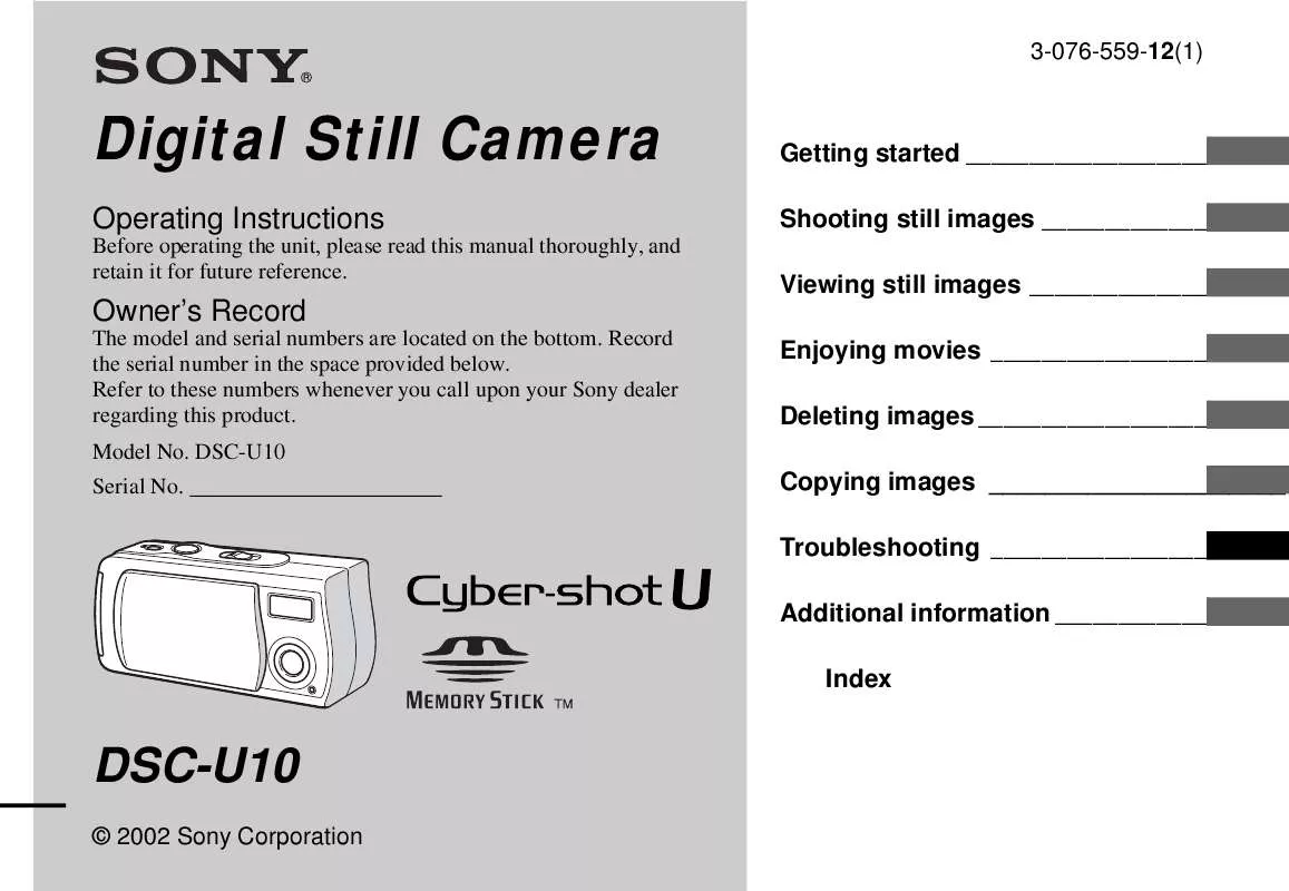 Mode d'emploi SONY CYBER-SHOT DSC-U10