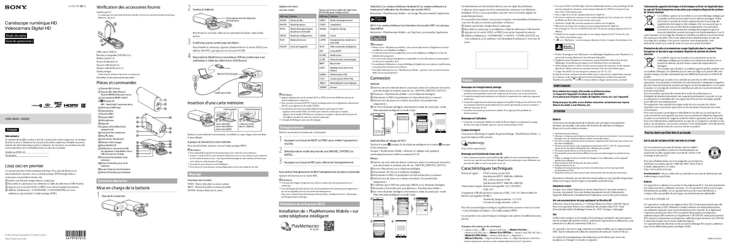 Mode d'emploi SONY HDR-AS30