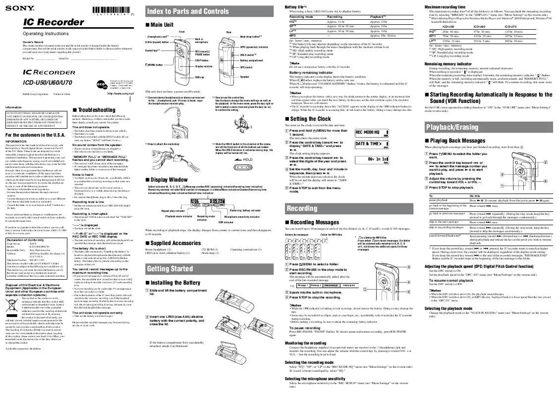 Mode d'emploi SONY ICD-U50