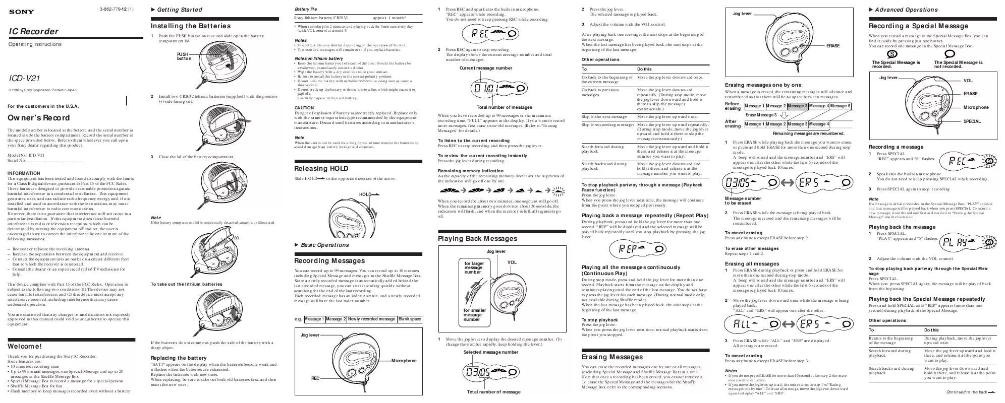 Mode d'emploi SONY ICD-V21