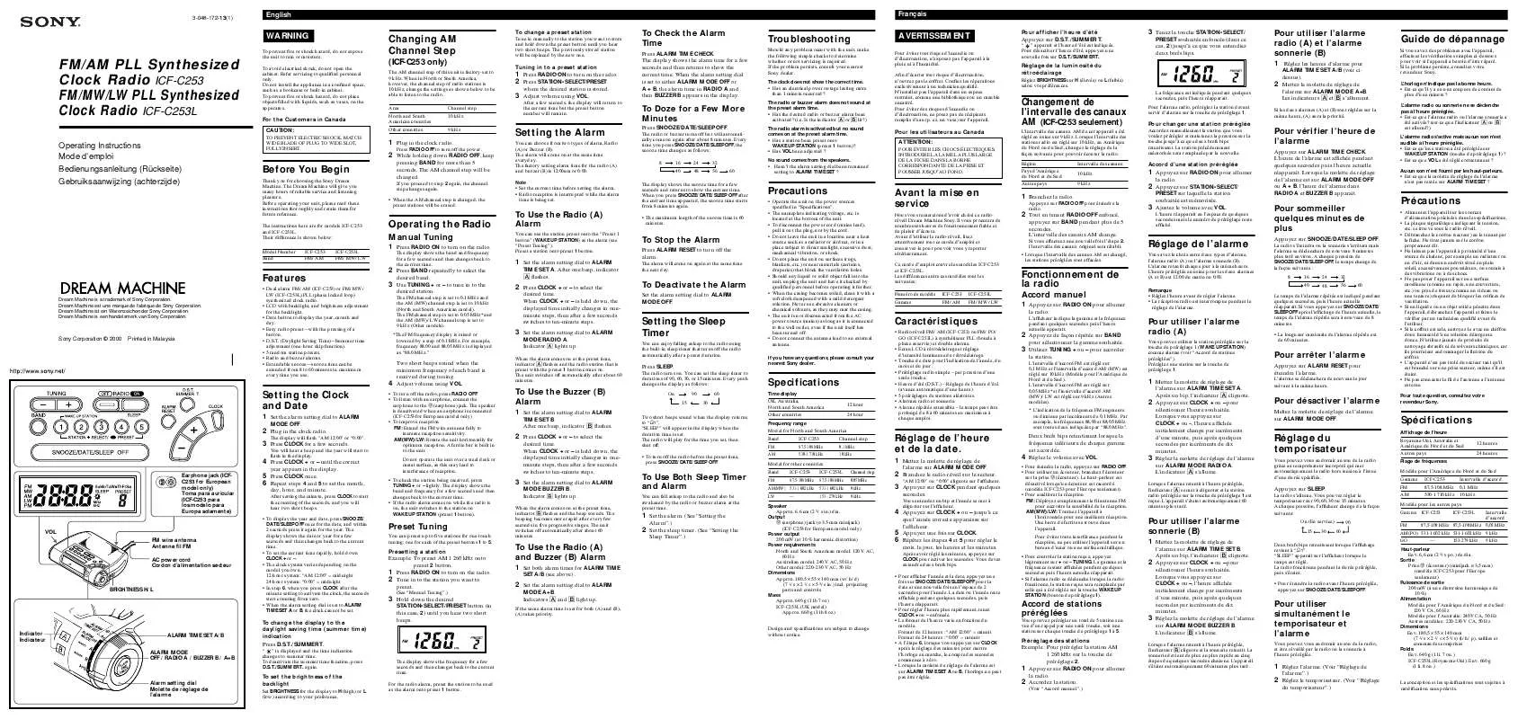 Mode d'emploi SONY ICF-C253L